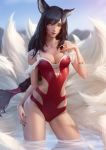  1girl ahri animal_ears bangle bangs bare_shoulders black_hair blue_sky blush bracelet braid breasts cleavage collarbone contrapposto day facial_mark fox_ears fox_tail gold jewelry large_breasts league_of_legends long_hair looking_at_viewer multiple_tails o-ring outdoors parted_lips raikoart red_lips red_nails red_swimsuit sidelocks signature single_braid skindentation sky solo swimsuit tail thighs wading whisker_markings yellow_eyes 