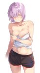  1girl bare_arms bare_shoulders black_shorts blush boyshorts breasts camisole cherim cleavage closed_eyes closed_mouth collarbone cowboy_shot facing_viewer fate/grand_order fate_(series) hair_over_one_eye highres large_breasts mash_kyrielight midriff navel no_bra purple_hair shirt short_hair short_shorts shorts simple_background solo standing stomach strap_slip white_background white_shirt 
