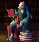  2019 animal_genitalia animal_penis annoyed anthro balls book bottomless canid canine canine_penis canis clothed clothing erection glare hi_res knot male mammal penis reading solo twang wolf 