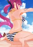  1girl absurdres armpits ass bangs bare_arms bare_shoulders barefoot beach bikini black_ribbon blue_hair blue_sky blush braid breasts butt_crack choumi_wuti_(xueye_fanmang_zhong) cloud cloudy_sky commentary day eyebrows_visible_through_hair fingernails hair_ribbon halter_top halterneck highres hololive innertube large_breasts long_hair looking_at_viewer looking_back minato_aqua multicolored_hair outdoors purple_eyes purple_hair ribbon sand sidelocks sky soles solo striped striped_bikini swimsuit twintails two-tone_hair very_long_hair virtual_youtuber 