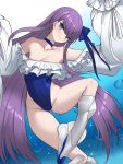  1girl armpits arms_up bangs bare_shoulders blue_background blue_choker blue_ribbon blush boots breasts choker cleavage closed_mouth collarbone covered_navel eyebrows_visible_through_hair fate/grand_order fate_(series) frilled_swimsuit frills gradient gradient_background hair_ribbon head_tilt highleg highleg_swimsuit k_jin knee_boots long_hair long_sleeves looking_at_viewer meltryllis_(swimsuit_lancer)_(fate) puffy_long_sleeves puffy_sleeves purple_hair ribbon sleeves_past_fingers sleeves_past_wrists small_breasts smile solo spread_legs swimsuit thighs very_long_hair 