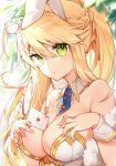  1girl ahoge animal_ears artoria_pendragon_(all) artoria_pendragon_(swimsuit_ruler)_(fate) bare_shoulders between_breasts blonde_hair blue_neckwear braid breasts bunny_ears bunnysuit card cleavage closed_mouth collarbone commentary_request eyebrows_visible_through_hair fate/grand_order fate_(series) french_braid fur_trim green_eyes hair_between_eyes kamiowl large_breasts long_hair looking_at_viewer necktie ponytail solo 