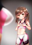  bike_shorts blush breasts brown_eyes brown_hair closed_mouth commentary_request cosplay gundam gundam_breaker_3 gundam_build_fighters gundam_build_fighters_try highres hoshino_fumina medium_hair midriff misa_(gundam_breaker_3) multiple_girls navel small_breasts sports_bra standing suizen_no_mimi sweat 