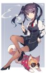  1girl :p bangs breasts brown_legwear cigarette eyebrows_visible_through_hair hand_on_hip high_heels highres jill_stingray necktie pantyhose purple_eyes purple_hair rad_shiba sasa_onigiri skirt smile smoke sunglasses tongue tongue_out twintails uniform va-11_hall-a 