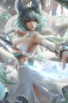  1girl animal_ears aqua_hair astral_chronicles bangs blurry blurry_background breasts bridal_gauntlets closed_mouth dress english_commentary facing_viewer flower hair_flower hair_ornament highres holding holding_sword holding_weapon indoors lips long_hair looking_to_the_side medium_breasts nail_polish nyx_(astral_chronicles) official_art raikoart red_eyes reflection see-through sleeveless sleeveless_dress solo sword thighhighs weapon wedding_dress white_dress white_legwear 