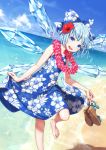 1girl :d adapted_costume bangs bare_arms bare_shoulders barefoot beach blue_bow blue_dress blue_eyes blue_hair blue_sky bow brown_footwear cirno cloud commentary_request day dress dtvisu feet_out_of_frame floral_print flower hair_bow hair_flower hair_ornament hibiscus highres holding ice ice_wings lei lens_flare looking_at_viewer ocean open_mouth outdoors red_flower sandals shadow short_hair sky sleeveless sleeveless_dress smile solo standing standing_on_one_leg touhou water water_drop wings 
