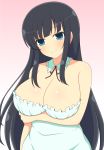  1girl aqua_dress arm_under_breasts bangs bare_shoulders black_hair black_ribbon blue_eyes blunt_bangs blush breasts cleavage closed_mouth collar detached_collar dress frilled_collar frills gradient gradient_background hand_on_own_arm head_tilt highres ichiryuu_tsumiki ikaruga_(senran_kagura) large_breasts long_hair looking_at_viewer neck_ribbon pink_background ribbon senran_kagura shiny shiny_hair shiny_skin sidelocks smile solo strapless strapless_dress upper_body white_background 