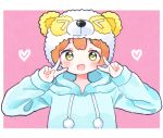 1girl :d bear_hat blue_hoodie blush double_v green_eyes heart highres hood hood_down hoshizora_rin long_sleeves looking_at_viewer love_live! love_live!_sunshine!! open_mouth orange_hair pajamas pink_background pom_pom_(clothes) short_hair simple_background smile solo upper_body v yashino_84 