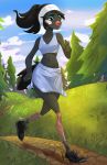 anthro avian beak bird clothed clothing female footwear grass hi_res jesusy navel outside running shoes solo tree wide_hips 