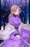  1girl altena blue_background breasts brooch brown_hair dress hair_intakes highres ivory_(25680nico) jewelry long_hair long_sleeves looking_at_viewer medium_breasts noir purple_dress purple_eyes sitting smile solo 