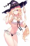  1girl ;d bangs bare_arms bare_shoulders bikini black_headwear blonde_hair blush breasts cleavage collarbone cowboy_shot dorothy_(shingeki_no_bahamut) frilled_bikini frills grin hands_up hat highres jewelry large_breasts long_hair looking_at_viewer low-tied_long_hair navel necklace one_eye_closed open_mouth red_eyes shingeki_no_bahamut side-tie_bikini simple_background smile solo stomach swimsuit thighs very_long_hair white_background white_bikini witch_hat yamato_(muchuu_paradigm) 