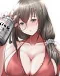  1girl alcohol beer beer_can bikini blush breasts brown_eyes can cleavage collarbone girls_frontline grey_hair hair_between_eyes hair_ornament hair_scrunchie helianthus_(girls_frontline) highres holding holding_can large_breasts long_hair looking_at_viewer monocle red_bikini red_bikini_top scrunchie solo swimsuit take_(trude1945oneetyan) upper_body 