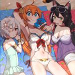  3girls ;o absurdres ahoge animal_ear_fluff animal_ears armpits bangs bare_arms bare_shoulders bikini bite_mark black_hair blue_eyes blush bow breasts brown_eyes candy casual_one-piece_swimsuit cat_ears cleavage closed_mouth commentary_request eyebrows_visible_through_hair eyewear_on_head fan fang food green_swimsuit hair_between_eyes hair_ribbon hairband highres holding holding_fan holding_food holding_lollipop hood hood_down hooded_jacket jacket kokkoro_(princess_connect!) korean_commentary kyaru_(princess_connect) lkll lollipop lying medium_breasts multicolored_hair multiple_girls navel off_shoulder on_back on_stomach one-piece_swimsuit one_eye_closed open_mouth orange_hair paper_fan parted_lips pecorine princess_connect! princess_connect!_re:dive purple_jacket red_bow red_ribbon ribbon short_shorts shorts silver_hair smile streaked_hair sunglasses sweat swimsuit uchiwa white-framed_eyewear white_bikini white_hair white_hairband white_shorts 