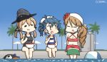  3girls anchor_hair_ornament ball bandana beach_umbrella beachball bikini black_swimsuit blonde_hair blue_hair blue_sky blue_swimsuit bowl breasts brown_eyes brown_hair chopsticks cleavage closed_eyes commentary_request dated day eating eyebrows_visible_through_hair flower fukae_(kantai_collection) full_body gradient_hair grey_headwear hair_flower hair_ornament hamu_koutarou hat highres inflatable_toy italia_(kantai_collection) kantai_collection large_breasts littorio_(kantai_collection) long_hair multicolored_hair multiple_girls name_tag one-piece_swimsuit outdoors palm_tree peaked_cap poolside prinz_eugen_(kantai_collection) red_bikini remodel_(kantai_collection) sarong school_swimsuit short_hair side_ponytail sidelocks sitting sky soaking_feet swimsuit tree tsurime twintails umbrella water white_headwear x_navel 