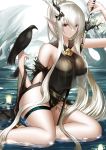  1girl absurdres animal arknights arm_up bangs bare_legs bare_shoulders bird black_leotard breasts hair_between_eyes higandgk highres holding holding_sword holding_weapon horns large_breasts leotard long_hair looking_at_viewer parted_lips pointy_ears raven_(animal) red_eyes shining_(arknights) sidelocks sitting solo sword thigh_strap thighs very_long_hair water weapon white_hair 