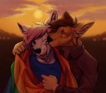  absurd_res anthro blue_clothing blue_fur blue_shirt blue_topwear brown_clothing brown_shirt brown_topwear canid canine canis clothing cobalt_brooker coyote coywolf dating eracin eyes_closed flag fur hi_res hybrid inner_ear_fluff invalid_color invalid_tag jackal kissing love male male/male mammal nix_dolores one_eye_closed orange_fur pink_fur rainbow rainbow_flag rainbow_symbol relationship romantic_couple shirt sunset topwear white_fur wolf 