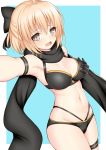  1girl ahoge armpits bangs bare_shoulders bikini black_bikini black_gloves black_scarf blonde_hair blue_background blush border bow breasts fate/grand_order fate_(series) gloves grey_eyes hair_between_eyes hair_bow half_updo large_breasts looking_at_viewer navel okita_souji_(fate)_(all) okita_souji_(swimsuit_assassin)_(fate) open_mouth scarf short_hair simple_background solo swimsuit thigh_strap toshishikisai white_border 