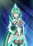  1girl armor commentary_request elbow_gloves gem gloves green_eyes green_hair hair_ornament highres jewelry long_hair pneuma_(xenoblade_2) ponytail sarasadou_dan solo spoilers symbol tiara very_long_hair xenoblade_(series) xenoblade_2 