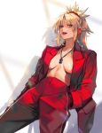  1girl absurdres bangs braid breasts breasts_apart cigarette collarbone cowboy_shot eyebrows_visible_through_hair fate/grand_order fate_(series) french_braid hair_ornament hair_scrunchie hands_in_pockets highres imp_(sksalfl132) jacket jewelry long_hair mature medium_breasts mordred_(fate) mordred_(fate)_(all) no_bra older open_clothes open_jacket open_mouth pants parted_bangs pendant pink_lips ponytail red_jacket red_pants scrunchie solo v-shaped_eyebrows 