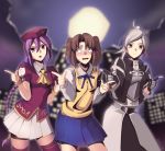  3girls absurdres beret blue_skirt blush boa_(brianoa) braid bright_pupils carnival_phantasm city closed_mouth embarrassed eyebrows_visible_through_hair finger_gun gloves hat highres houkago_rojiura_doumei! long_hair long_sleeves looking_at_viewer melty_blood moon multicolored multicolored_clothes multicolored_gloves multiple_girls night night_sky outdoors ponytail purple_hair purple_legwear riesbyfe_stridberg school_uniform silver_hair single_braid sion_eltnam_atlasia skirt sky standing sweatdrop sweater_vest trio tsukihime white_pupils yumizuka_satsuki 