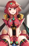 1boy 1girl bangs bedroom between_legs breasts covered_navel fingerless_gloves gem girl_on_top gloves hand_between_legs headpiece hetero highres homura_(xenoblade_2) indoors large_breasts open_mouth red_eyes red_hair red_shorts rex_(xenoblade_2) short_hair shorts shoulder_armor solo_focus sssemiii straddling swept_bangs thighhighs thighs tiara window xenoblade_(series) xenoblade_2 