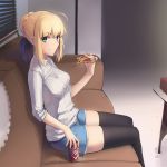  1girl absurdres ahoge alternate_costume artoria_pendragon_(all) black_legwear blonde_hair blue_ribbon blue_shorts boa_(brianoa) braid breasts can couch eating fate/stay_night fate_(series) food from_side green_eyes hair_bun hair_ribbon highres holding holding_food indoors on_couch ribbed_sweater ribbon saber short_shorts shorts siting slice_of_pizza small_breasts solo sweater thighhighs white_sweater 
