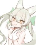  1girl :d animal_ear_fluff animal_ears art556_(girls_frontline) bangs bow brown_eyes collarbone commentary_request dokomon eyebrows_visible_through_hair fang girls_frontline gloves green_bow grey_hair hair_between_eyes hair_bow hands_together hands_up highres korean_commentary long_hair looking_at_viewer nude open_mouth own_hands_together simple_background smile solo twintails very_long_hair white_background white_gloves 