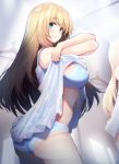  1girl alternate_costume alternate_eye_color amami_amayu ass atago_(kantai_collection) back blonde_hair blue_bra blue_eyes blue_panties blush bra breasts cowboy_shot dress eyebrows_visible_through_hair full-length_mirror hair_between_eyes indoors kantai_collection large_breasts long_dress long_hair looking_at_viewer mirror navel panties reflection rope smile solo stomach underwear undressing wardrobe white_dress 