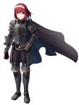  1girl alternate_costume armor armored_boots blue_eyes boa_(brianoa) boots cape highres hisui pants red_eyes short_hair solo transparent_background tsukihime 