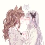  ! 2girls animal_ears bang_dream! bangs beige_background blush brown_hair bunny_earrings butterfly_hair_ornament cat_ears closed_eyes face-to-face from_side grey_hair grey_sweater hair_ornament half_updo holding_hands imai_lisa jewelry kamesuke_(turtle0124) kemonomimi_mode long_hair minato_yukina multiple_girls noses_touching off-shoulder_sweater off_shoulder pendant shirt simple_background smile spoken_exclamation_mark sweater upper_body white_shirt yellow_eyes yuri 