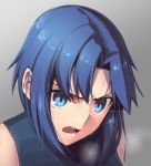  1girl bangs blue_eyes blue_hair blush boa_(brianoa) ciel eyebrows_visible_through_hair grey_background hair_intakes highres looking_to_the_side open_mouth parted_bangs portrait short_hair sidelocks sleeveless solo sweat tsukihime 