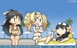  3girls alternate_costume alternate_hairstyle bikini black_hair blonde_hair blue_eyes blue_hair blue_sky braid breasts casual cleavage commentary_request covering covering_breasts crying dated eating embarrassed flower flying_sweatdrops gambier_bay_(kantai_collection) gradient_hair hair_between_eyes hair_flower hair_ornament hair_ribbon hairband hamu_koutarou hibiscus high_ponytail highres innertube kantai_collection katsuragi_(kantai_collection) large_breasts lifebuoy long_hair looking_to_the_side lying midriff multicolored multicolored_bikini multicolored_clothes multicolored_hair multiple_girls on_back ooyodo_(kantai_collection) open_mouth outdoors palm_tree plaid plaid_bikini ponytail pool ribbon signature single_braid sitting sky small_breasts stomach swimsuit tree twintails very_long_hair wading wavy_mouth 