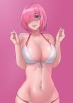  1girl aori_sora arms_up bikini black-framed_eyewear blush breasts cleavage cowboy_shot english_commentary fate/grand_order fate_(series) front-tie_bikini front-tie_top glasses hair_over_one_eye highres large_breasts mash_kyrielight navel open_mouth pink_background pink_hair purple_eyes short_hair solo swimsuit white_bikini 