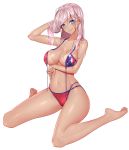  1girl absurdres american_flag_bikini arm_under_breasts bikini bikini_tan blue_eyes breast_hold breasts collarbone fate_(series) flag_print front-tie_bikini front-tie_top full_body hair_down highres kai_(pixiv12466647) long_hair looking_at_viewer medium_breasts miyamoto_musashi_(fate/grand_order) miyamoto_musashi_(swimsuit_berserker)_(fate) navel pink_hair simple_background sitting solo swimsuit tan tanline untied untied_bikini wariza white_background 