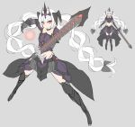  1girl armor bangs black_bow black_gloves black_legwear bow eyebrows_visible_through_hair flat_color gloves greaves grey_background highres holding holding_sword holding_weapon long_hair original pauldrons pigat red_eyes simple_background solo standing sword twintails vambraces weapon white_hair 