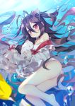 +_+ 1girl air_bubble antenna_hair ass azur_lane bangs bare_shoulders barefoot black_hair blurry bubble carrying choker closed_mouth collarbone commentary_request creature cross day depth_of_field fish floating_hair freediving frills hair_between_eyes i-168_(azur_lane) kurot long_hair long_sleeves looking_at_viewer one-piece_swimsuit red_eyes see-through sidelocks sleeves_past_fingers sleeves_past_wrists solo swimsuit thighs two_side_up underwater very_long_hair water white_swimsuit 