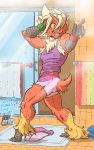  2019 anthro baraaya bathroom blaziken blue_eyes bodily_fluids clothed clothing dancing feathers fur hair hi_res inside male muscular nintendo pok&eacute;mon pok&eacute;mon_(species) pok&eacute;morph red_feathers red_fur shower solo steam sweat text towel tuft underwear video_games yellow_sclera zenmigawa 
