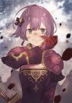  1girl arm_up arrow bangs bernadetta_von_varley black_bow black_eyes blood bloody_clothes bow breasts brown_gloves cleavage cleavage_cutout closed_mouth cloud cloudy_sky debris dirty_face dress earrings eyebrows_visible_through_hair fire_emblem fire_emblem:_three_houses gloves hair_bow highres jewelry long_sleeves looking_at_viewer outdoors pauldrons purple_dress purple_hair quiver same_tea7194 serious short_hair shoulder_armor sky small_breasts smile solo tears upper_body v-shaped_eyebrows wiping_face 