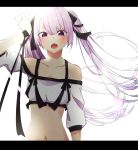  1girl :o absurdres arm_up bangs bare_shoulders black_ribbon bra_strap collarbone commentary_request crop_top fang floating_hair hair_ribbon highres ichiki_1 lavender_hair letterboxed long_hair looking_at_viewer midriff navel off-shoulder_shirt off_shoulder open_mouth original purple_eyes ribbon shirt short_sleeves simple_background solo stomach twintails upper_body very_long_hair white_background white_shirt wristband 