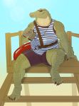  anthro beach binoculars clothed clothing crocodile crocodilian crocodylid eyewear hi_res lifeguard male outside overweight overweight_male pig_(artist) reptile scalie seaside sitting smile solo sunglasses 