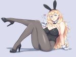  1girl animal_ears bangs black_footwear black_legwear blonde_hair blue_eyes blush breasts bunny_day bunny_ears bunnysuit cleavage collar crossed_legs full_body gloves hairband heart high_heels kantai_collection large_breasts leotard lips long_hair mole mole_under_eye mole_under_mouth pantyhose parted_lips richelieu_(kantai_collection) shadow shingyo simple_background solo white_collar white_gloves wrist_cuffs 