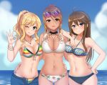  3girls ;q ahoge arm_around_waist arm_rest arm_up ass_visible_through_thighs bangs bare_shoulders belt belt_buckle bikini black_eyes blue_bikini blue_eyes blush bow bracelet breasts brown_eyes brown_hair buckle cleavage closed_mouth cloud cloudy_sky collarbone colored_stripes commentary cowgirl_position day earrings eyebrows_visible_through_hair eyewear_on_head flower grey-framed_eyewear hair_between_eyes hair_flower hair_ornament hand_on_hip hand_up highres hoop_earrings horizon idolmaster idolmaster_cinderella_girls idolmaster_million_live! idolmaster_shiny_colors izumi_mei jewelry kurisu-kun large_breasts light_brown_hair long_hair looking_at_viewer mismatched_bikini multicolored multicolored_bikini multicolored_clothes multiple_girls navel ocean ok_sign one_eye_closed ootsuki_yui open_clothes open_fly open_shorts outdoors parted_lips ponytail purple-tinted_eyewear red_flower shorts sidelocks sky smile star stomach straddling striped striped_bow sunglasses swept_bangs swimsuit tokoro_megumi tongue tongue_out unbuckled_belt water wavy_hair white_bikini 