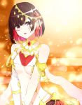  1girl absurdres bare_shoulders blurry bokeh bracelet breasts brooch brown_hair collar collarbone depth_of_field facial_mark hair_ornament highres ichiki_1 jewelry looking_at_viewer medium_breasts midriff multicolored_hair navel original red_eyes red_hair revealing_clothes ruby_(gemstone) short_hair sidelocks solo stomach two-tone_hair underboob upper_body v_arms 