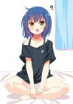  1girl :o ? bangs bed_sheet black_shirt blue_hair blush brown_eyes collarbone commentary_request curtains eyebrows_visible_through_hair fang gochuumon_wa_usagi_desu_ka? highres indoors jouga_maya kousaka_nobaku looking_at_viewer no_pants open_mouth panties shirt short_sleeves sitting solo striped striped_panties underwear 