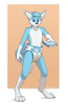  2017 anthro black_nose blue_eyes blue_fur blue_hair bodily_fluids canid canine claws diaper eyebrows fluffy fluffy_tail fox foxehhyz fur genital_fluids hair hand_on_diaper hi_res looking_at_viewer male mammal multicolored_fur navel raised_eyebrow solo standing urine wet_diaper wetting white_fur 