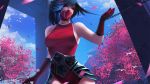  1girl absurdres akali bird black_hair blue_sky breasts chain cloud d-han face_mask gloves highres league_of_legends leotard mask mask_on_head medium_breasts petals red_eyes red_gloves signature sky solo tree upper_body 