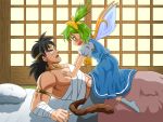  1boy 1girl abs armband ascot bandaged_arm bandages black_hair blanket blue_dress blush bow broly circlet commentary_request constricted_pupils crossover daiyousei dragon_ball dragon_ball_z dress fairy_wings futon green_hair hair_bow lying monkey_tail muscle no_shoes ohoho on_back pillow puffy_short_sleeves puffy_sleeves short_sleeves side_ponytail size_difference sliding_doors solid_circle_eyes sweatdrop tail touhou wings 