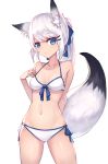  1girl absurdres animal_ear_fluff animal_ears ass_visible_through_thighs bangs bare_arms bare_shoulders bikini blue_bow blue_eyes blush bow breasts closed_mouth collarbone commentary_request eyebrows_visible_through_hair fox_ears fox_girl fox_tail hair_bow hair_ornament hairclip hand_up highres long_hair looking_at_viewer masaki_(msk064) medium_breasts navel original ponytail side-tie_bikini silver_hair simple_background solo swimsuit tail tail_raised white_background white_bikini 