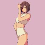  1girl bra brown_eyes brown_hair cowboy_shot hand_in_hair hand_on_hip looking_to_the_side meiko midriff orange_skin pink_background pout short_hair short_shorts shorts simple_background solo standing sweat underwear vocaloid white_bra white_shorts yen-mi 