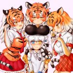  4girls @_@ absurdres anger_vein animal_ear_fluff animal_ears animal_print bangs black_hair blue_eyes blush bow breast_pocket breast_rest breasts breasts_on_head byakko_(kemono_friends) closed_mouth collared_shirt commentary_request elbow_gloves extra_ears eyebrows_visible_through_hair fang garter_straps gloves grey_hair grey_neckwear hair_bow hakumaiya half-closed_eyes hands_on_another&#039;s_shoulders hands_up heart height_difference heterochromia highres japari_symbol kemono_friends long_hair long_sleeves looking_at_another looking_at_viewer low-tied_long_hair multicolored_hair multiple_girls necktie nose_blush open_mouth orange_hair pink_background plaid plaid_neckwear plaid_skirt pocket print_gloves print_shirt red_neckwear shirt short_hair short_sleeves siberian_tiger_(kemono_friends) sidelocks skirt smile sumatran_tiger_(kemono_friends) sweater_vest tail tearing_up thighhighs tiger_(kemono_friends) tiger_ears tiger_print tiger_tail twintails two-tone_hair v_arms white_hair white_shirt wing_collar yellow_eyes zettai_ryouiki 